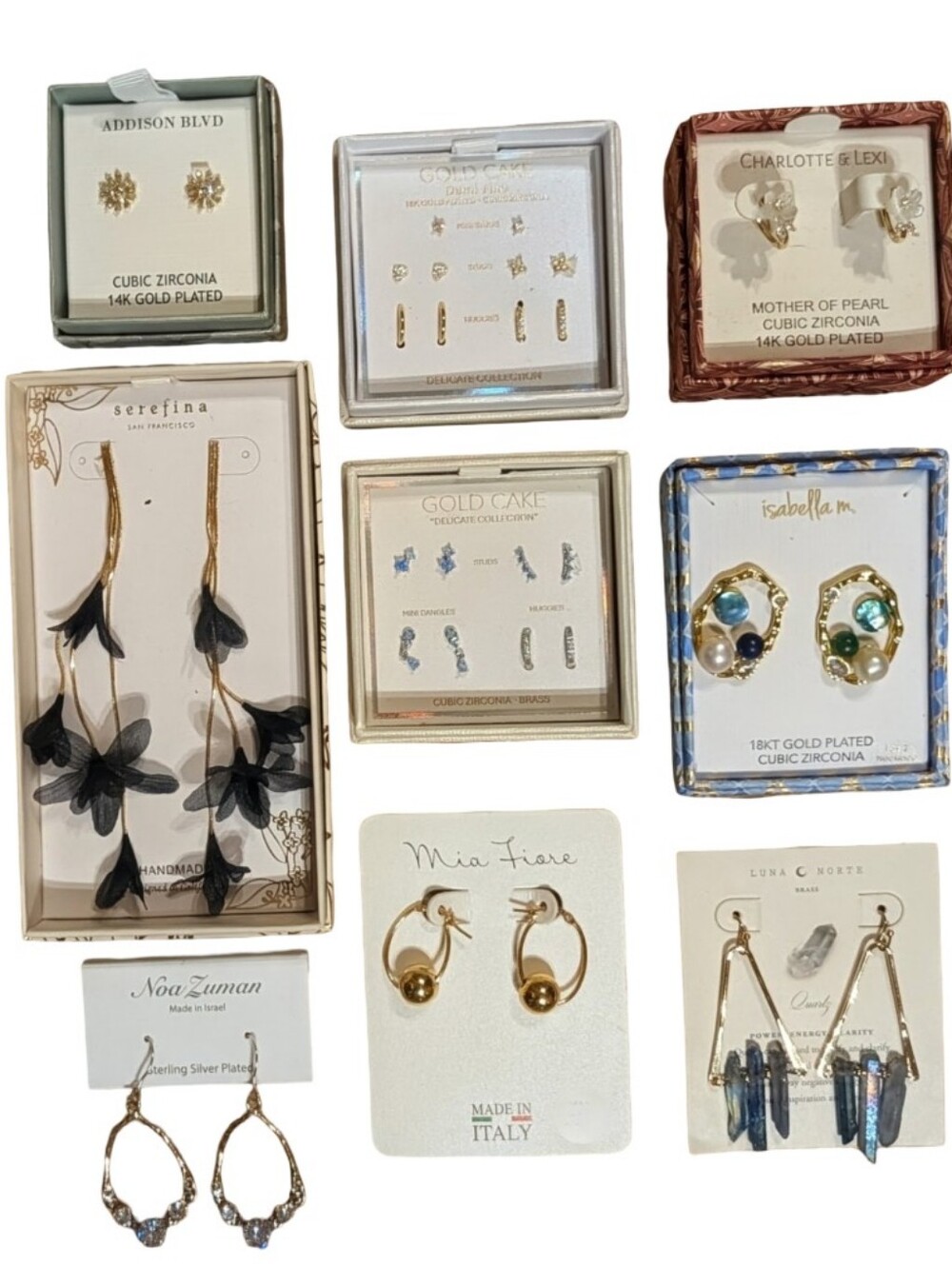 Gold Plate Earrings Lot; 17 Pairs From Luna Norte, Gold Cake & Others